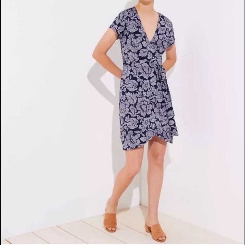 LOFT Navy blue and white wrap dress